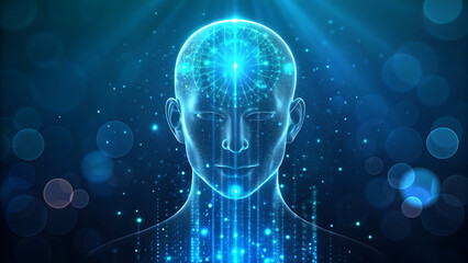 a glowing blue human head with lines and dots on its face and neck