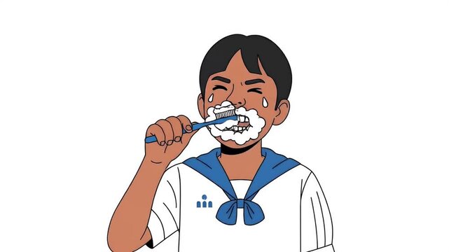 Animated Boy Brushing Teeth With Toothpaste Foam And Brush