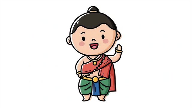 Animated Boy in Traditional Thai Clothing Waves Hello Cartoon Style