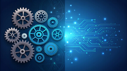 Mechanical gears and circuit board design elements in a futuristic technological concept image