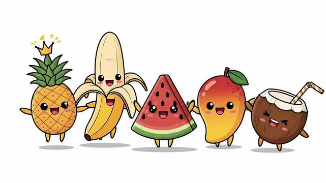 Animated Cute Fruits Banana Pineapple Watermelon Mango Coconut Character Motion Graphic