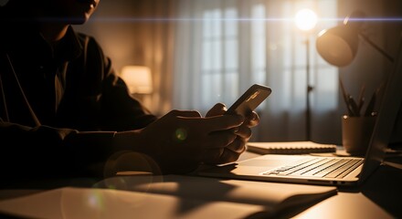 Engaged individual working on smartphone and laptop in a warm evening setting