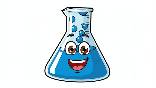 Animated Flask With Blue Liquid Bubbling And Smiling Cartoon Character