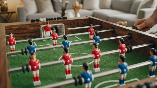 Foosball Game in Progress - A close-up captures an indoor foosball game in action, with miniature red and blue players facing off.