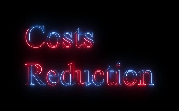 Neon costs reduction text icon glows, letters animate with downward pulse and flicker, modern finance tech style, dark background, clean loop, futuristic efficiency motion visuals.
