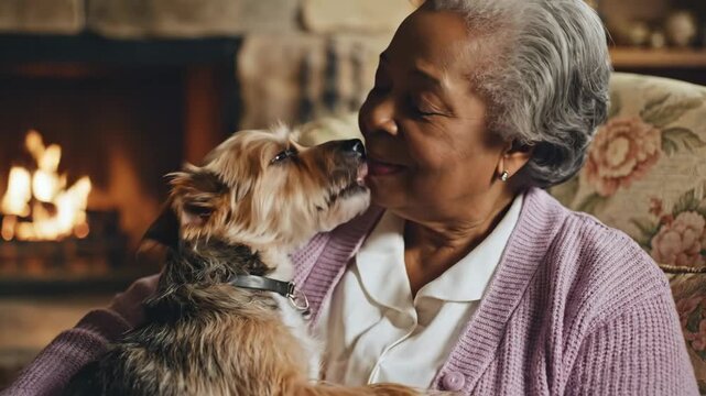Senior Woman with her Dog by the Fireplace - A senior African American woman is cuddling with her terrier dog in front of a fireplace.