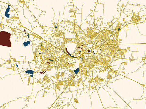 Flat city map of Bellary, India &mdash; rich red water shapes with ivory land and golden street network accents