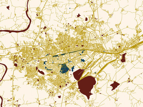 City map of Bhilai, India &ndash; cream map with gold lines