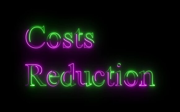 Neon costs reduction text icon glows, letters animate with downward pulse and flicker, modern finance tech style, dark background, clean loop, futuristic efficiency motion visuals.
