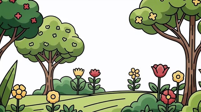 Animated Summer Garden Landscape with Trees and Flowers