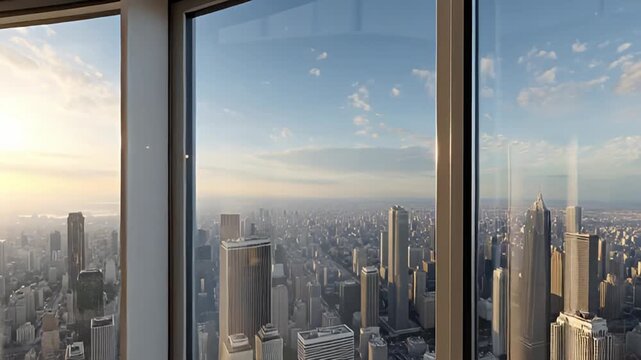 Cityscape panorama viewed from a high-rise office building window at sunrise with skyscrapers and urban landscape