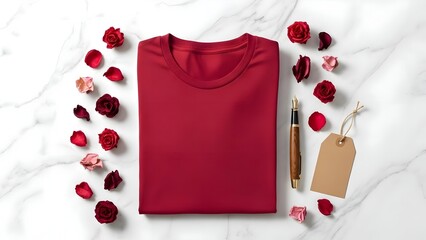 Red T-Shirt Flat Lay Surrounded by Small Red Flowers, Fashion and Valentine Theme