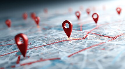 Detailed gps navigation map with highlighted routes, glowing location pins, and connected network paths on an urban street map, illustrating real-time tracking, digital routing, and modern transportat