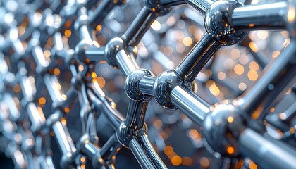 Close-up view of a metallic molecular lattice structure with blurred background lights, representing scientific research or advanced technology.
