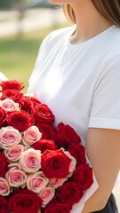 Woman Holding Bouquet of Red Roses Against White Dress, Valentine&rsquo;s Day Love and Romance Concept