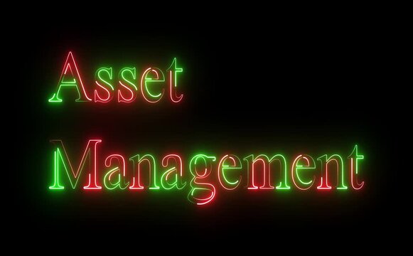 Neon asset management text icon glows steadily, letters animate with smooth pulse and flicker, modern finance tech style, dark background, clean loop, futuristic control visuals.
