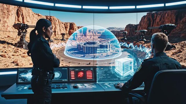 Futuristic Security Control Room - A security team is monitoring a desert compound protected by a futuristic energy shield, displayed on a large screen with multiple data interfaces.