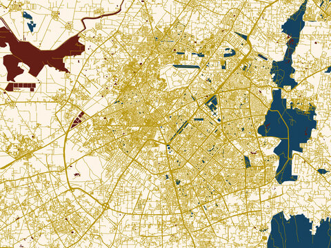 Decorative abstract map of Gurgaon, India, featuring minimal ivory map base with golden roads and dark red water bodies in a modern flat style