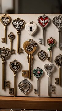 Antique Ornate Keys Collection Displayed Artfully On Wooden Table With Drawing