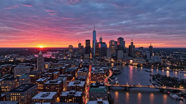 City Skyline at Dusk - An aerial view captures a city skyline illuminated at dusk. The sky is painted with shades of pink and purple as the sun sets on the horizon.
