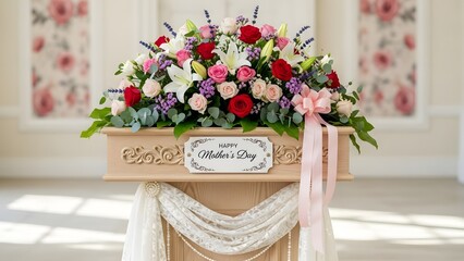 Beautiful floral arrangement on a decorative pedestal in a bright room