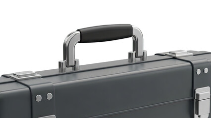 Close-up of a gray briefcase with a metallic handle and latches