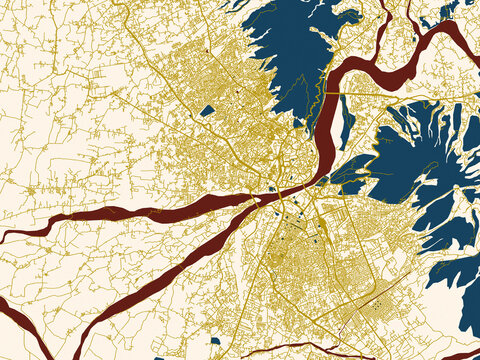Abstract city map of Jammu, India with dark red water and warm gold roads