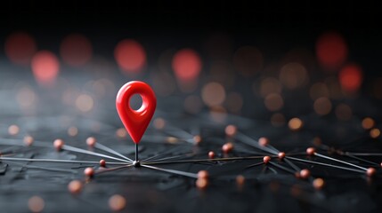 Red location pin standing out on a connected virtual map, symbolizing global navigation, digital mapping, network connections, and location-based technology concept