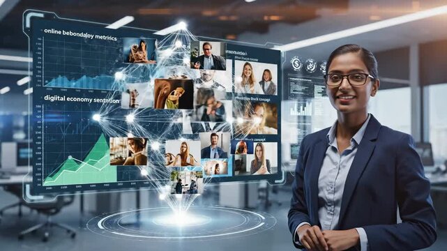 Global Business Network Hologram - A young woman in a business suit interacts with a hologram displaying a world map overlaid with connected profile video.