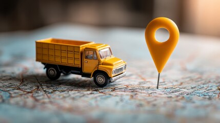 Miniature delivery truck on a map with location pin, symbolizing rural logistics, navigation, and local package delivery service concept