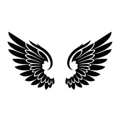 Obraz premium Stylized black angel wings graphic design element on a plain white background.