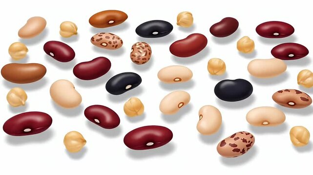 Assorted Beans and Chickpeas Scattered Across a White Background