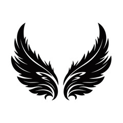 Obraz premium Symmetrical black stylized wings with intricate feather details on a white background.