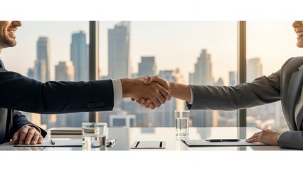 Business negotiation success, handshake with conference room and city view, panoramic banner