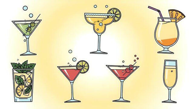 Assorted Colorful Cocktails Collection With Garnishes and Ice Cubes