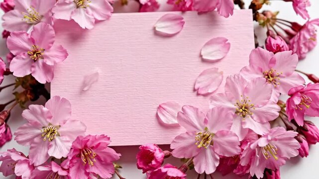 Cherry Blossoms with Pink Card - A pink card is surrounded by flowering cherry blossom branches. Loose petals are scattered on the card, which provides a space for text or design elements.