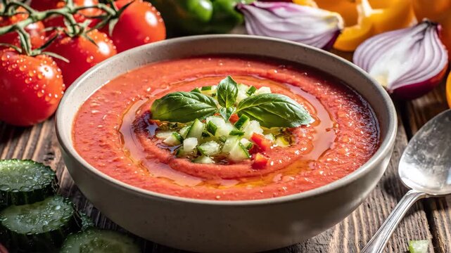 Fresh Gazpacho Soup Bowl - This video shows a bowl of chilled gazpacho soup, garnished with basil leaves and diced cucumbers on a wooden table.