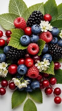 Assorted Fresh Berries and Green Leaves Arrangement on White Background