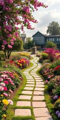 Pathways winding through a school garden, blooming flowers,  growth,  tranquil