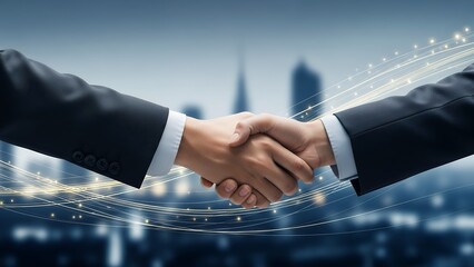 Business partnership for long-term growth, handshake with abstract corporate background