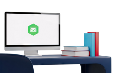 Desktop computer with email icon, books, and navy blue desk