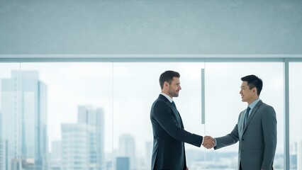Business success and cooperation, businessmen handshake in front of glass office wall