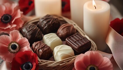 Assortment of gourmet chocolates nestled in a woven basket surrounded by glowing candles and delicate flowers