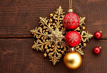 Ornate gold and red Christmas decoration set on rustic wood, set,  garland