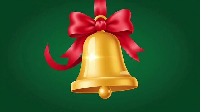 Golden Christmas bell with red ribbon on green background.