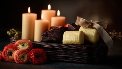 Illuminated arrangement of rich chocolates, flowers, and glowing pillar candles in a dark setting