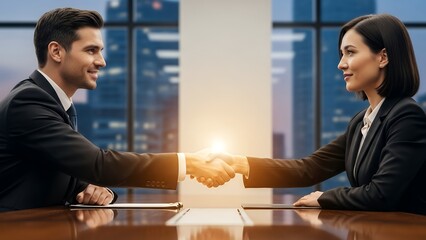 Corporate trust and leadership concept, handshake in elegant boardroom, wide banner layout