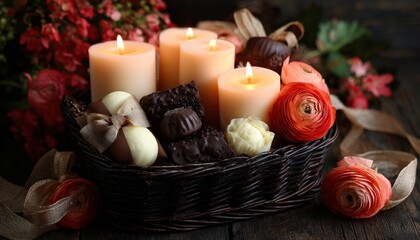 Illuminated pillar candles and assorted chocolates are displayed within a dark woven basket surrounded by vibrant blossoms.