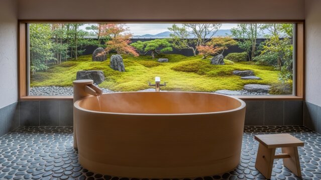 A bathroom with a hinoki wood soaking tub carved from a single thousand-year-old tree, set before a window that looks into a moss garden (koke-dera style). The floor is heated river stones.