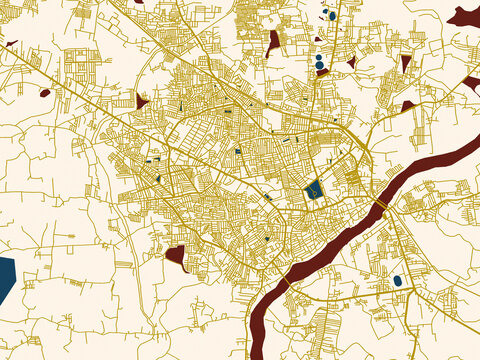 Modern graphic street map of Shimoga, India, with rich red water shapes with ivory land and golden street network accents